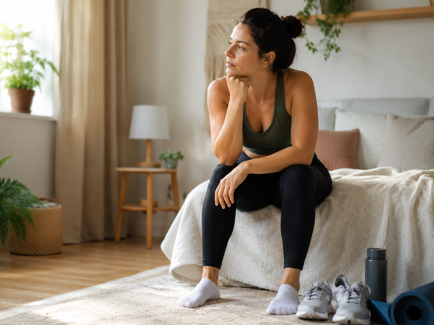 Woman in workout gear sitting on her bed, staring out the window