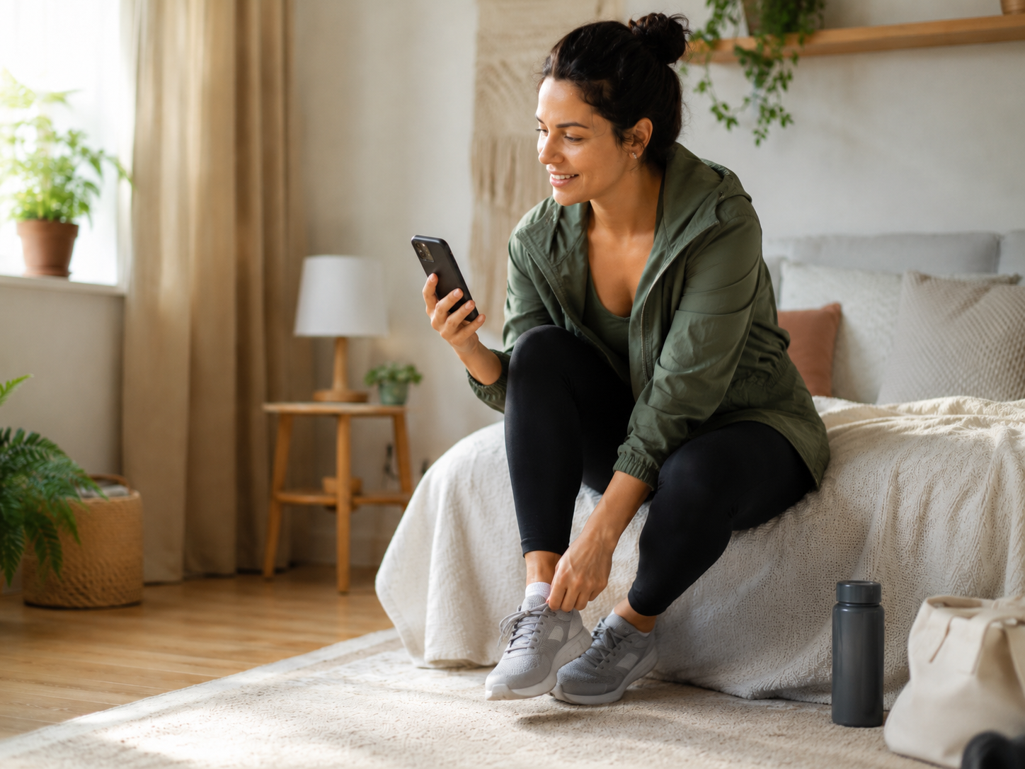 Woman on her phone tying her shoes, ready to head out